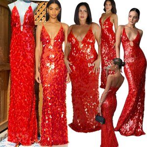 🆕 MISHA COLLECTION 🧿 NWOT Red Sapphire Sequins Maxi Dress, Sz L US 8